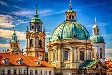 Fototapeta premium Prague Basilica St. Francis Dome Architectural Detail, Clear Blue Sky, Ample Copy Space