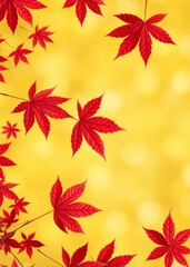 Border composition of red colored autumn maple leaves falling on yellow bokeh background with copy space top view flat lay close up bokeh red bokeh abstract background glow design light texture effect