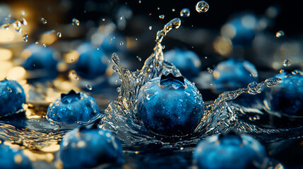 Juicy blueberries with water droplets and dynamic splashes against a soft golden light background. Macro photography.