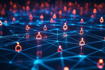 Digital Network of Abstract Human Figures Connected by Geometric Lines