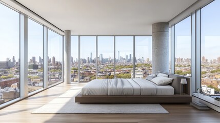 Fototapeta premium A modern urban minimalist bedroom with floor-to-ceiling windows and a streamlined design.