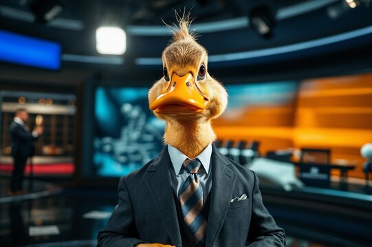 a duck reporter wearing a suit and tie in a studio 