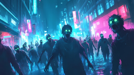 Obraz premium Dark city street filled with glowing-eyed zombies during a neon-lit nighttime scene. Haunted Neon Streets. Illustration