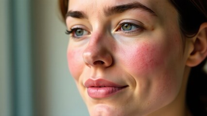 The woman's face shows painful signs of eczema. Atopic dermatitis, allergies, dryness, rashes and itching cause her discomfort.
