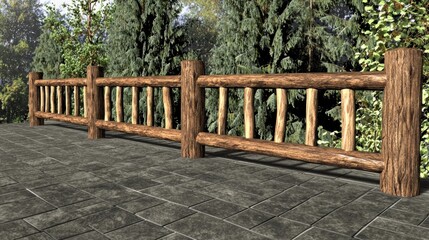 Rustic wooden fence on patio, surrounded by trees