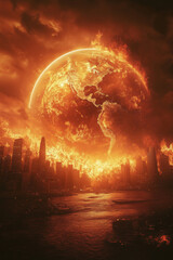 Planet engulfed in flames over a city skyline at dusk