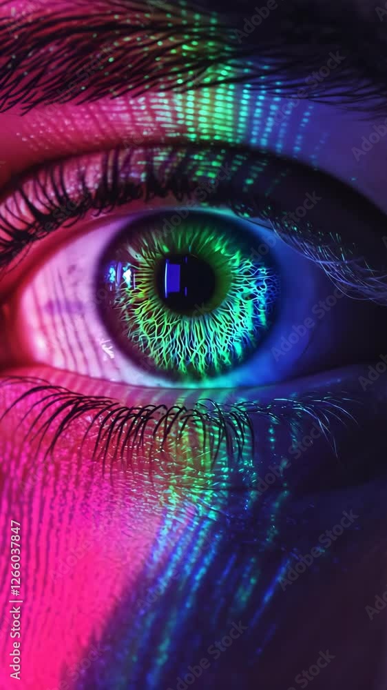 Poster close-up view of a captivating eye illuminated by colorful light patterns on the skin