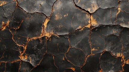 Burnt black surface crack pattern with golden highlight for dramatic textured abstract background