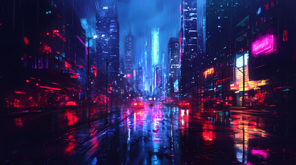 Obraz premium Dimly lit cityscape at midnight, neon lights reflecting off wet pavement, with empty streets and skyscrapers towering. Haunted Neon Streets. Illustration