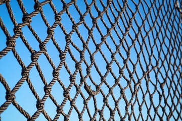 Fototapeta premium A close-up of a rope net with a clear blue sky in the background.