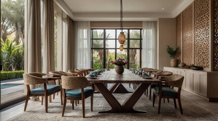 Luxury Dining Room Design with Wooden Table and Tropical Views