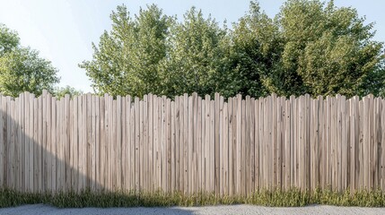 Light beige wooden fence bordering a grassy area with trees in background