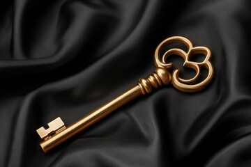 A vintage golden key resting on smooth black fabric.