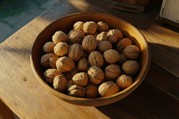 A wooden bowl filled with fresh walnuts resting on a rustic table.