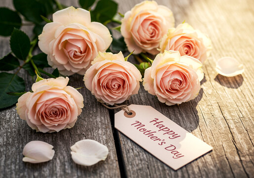 Roses and Happy Mother's Day card on wooden surface. Pink roses with tag for Mother's Day celebration. Roses and petals on wooden background