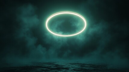 Glowing neon halo in a dark misty atmosphere, futuristic sci-fi background, surreal glowing ring, otherworldly energy portal, mystical light effect, abstract space scenery, cinematic digital landscape