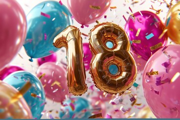 Colorful balloons and confetti celebrating an 18th birthday party.