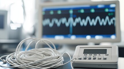 Fototapeta premium A portable ECG machine with electrode cables neatly coiled beside it, ready for use in a medical setting.
