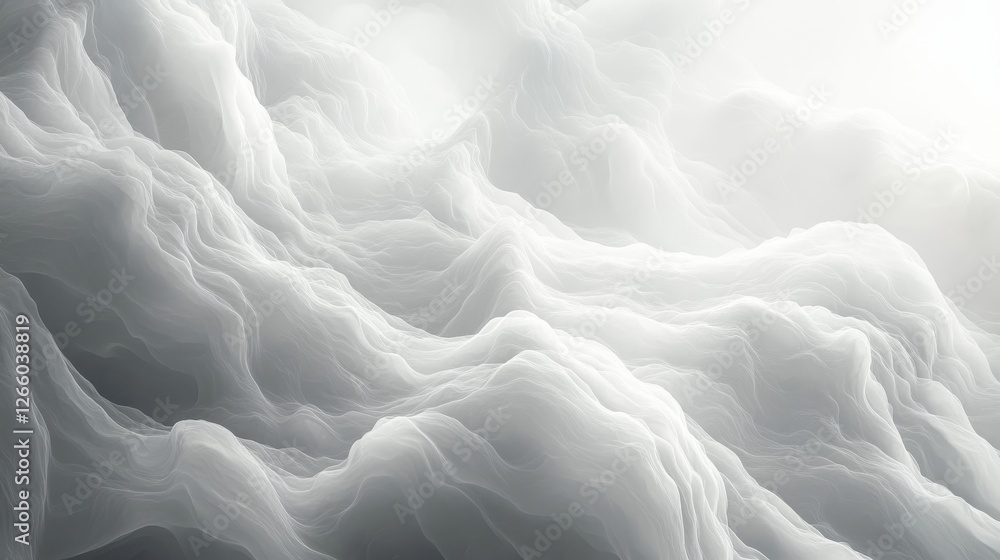 Poster white misty landscape with soft swirling fog waves, creating an ethereal and dreamy abstract backgro