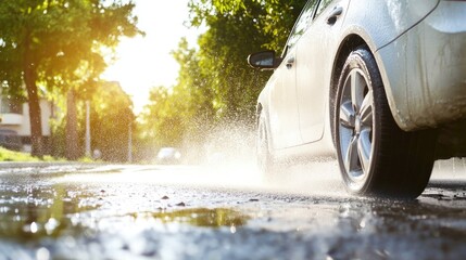 A powerful jet of water removing dirt from a vehicle surface.