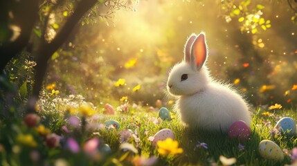 Fluffy bunny surrounded by colorful eggs in a serene garden during Easter celebration