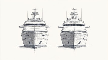 Two luxury yacht front views, detailed sketch,  background white, for print or digital media