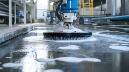 A professional floor cleaning machine working on a concrete surface.