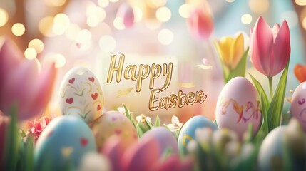 Colorful Easter eggs among vibrant flowers celebrating the joy of spring season