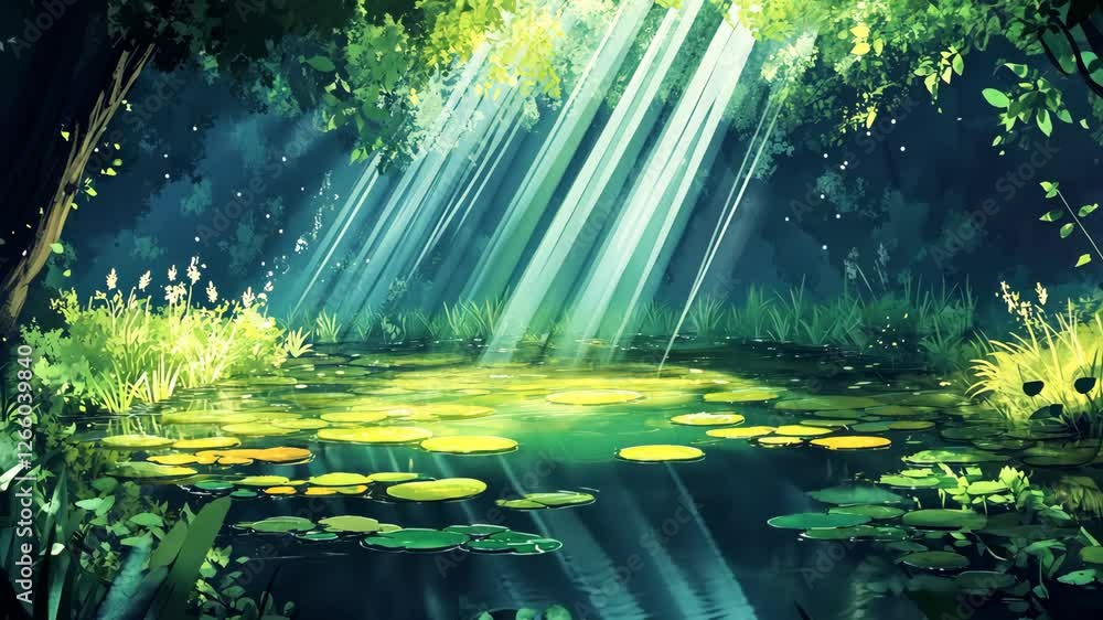 Poster sunlight streaming through trees illuminates a serene pond filled with lily pads in a tranquil fores
