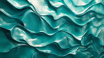 Obraz premium Metallic wave pattern. Abstract reflective liquid surface, futuristic texture with fluid movement, glossy metal sheet folds, smooth dynamic ripples in turquoise blue, high-tech background
