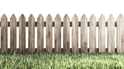 Fototapeta premium Wooden fence on grass, isolated, rural scene, for gardening design