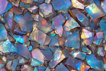 Seamless Opal colorful opal stones, showcasing their vibrant iridescence and unique textures. The stones are fragmented and arranged closely together, creating a visually striking pattern.