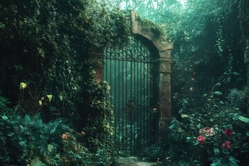 A secret garden hidden behind a rusted gate, overgrown with magical plants