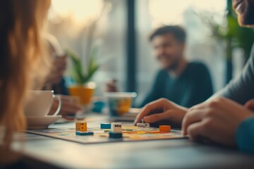 Friends Enjoying Board Game Together in Cozy Cafe Setting