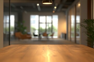 Fototapeta premium Blurred office interior background with a wooden table and modern space for product display presentation mock-up