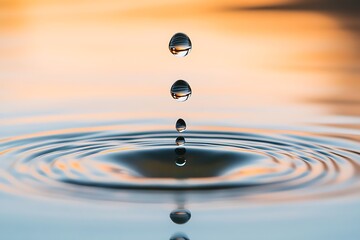 Three water drops making ripples on a water surface during sunset