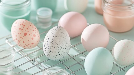Colorfully decorated Easter eggs on a cooling rack ready for the celebration