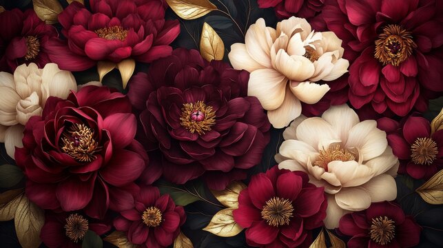 Vintage floral background with deep red flowers and soft cream petals in a luxurious botanical pattern for elegant decoration branding and digital artwork