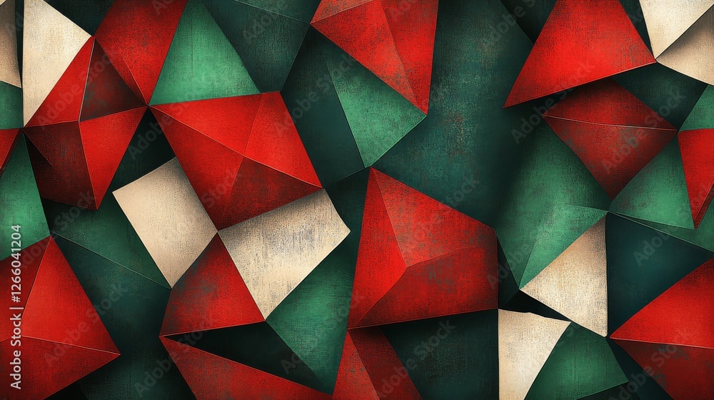 Poster abstract geometric artwork featuring intricate gold red and green triangular patterns in a stylish a