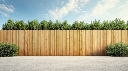 Empty paved area with wooden fence and landscaping under a partly cloudy sky.  Use for design inspiration or product display
