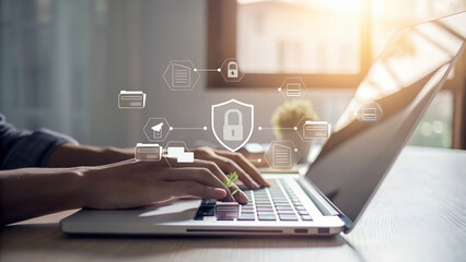 Home Office Cybersecurity: Businessman Secures Data Privacy with Virtual Shield, Protecting Sensitive Online Information, Ensuring Digital Safety and 