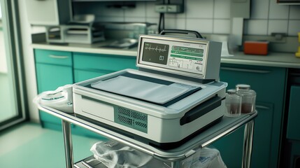 A transport ventilator designed for ambulances, placed on a medical trolley with essential accessories.