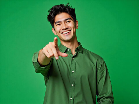Vivid advertisement portrait photo: A man in a green shirt pointing at the camera.