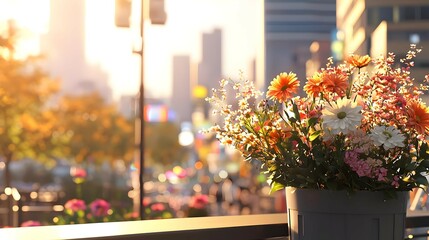 Fototapeta premium Vibrant Flower Bouquet at Sunset in Urban Setting