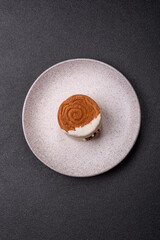 Round sweet New York roll croissant with pistachio cream filling