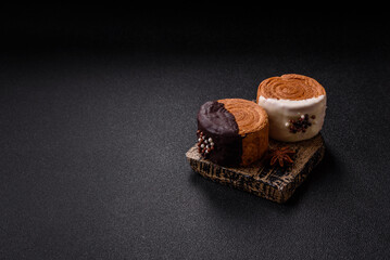 Round sweet New York roll croissant with chocolate cream filling
