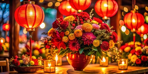 Red Lanterns Glow on Vibrant Floral Table Setting - Candid Festive Photography
