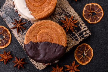 Round sweet New York roll croissant with chocolate cream filling