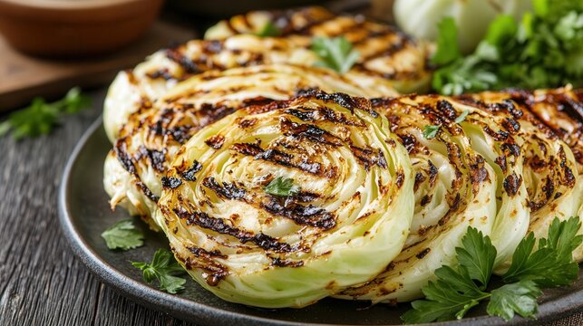 Grilled cabbage steaks with charred edges drizzled with olive oil and balsamic glaze enhance rustic dining experience