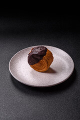 Round sweet New York roll croissant with chocolate cream filling